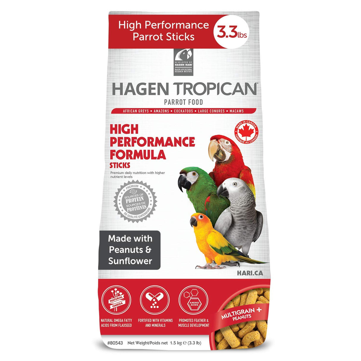 Hagen Tropican High Performance Parrot Food, 3.3 ib. - Hari Parrot Sticks with Peanuts & Sunflower Seeds and Higher Nutrition Levels