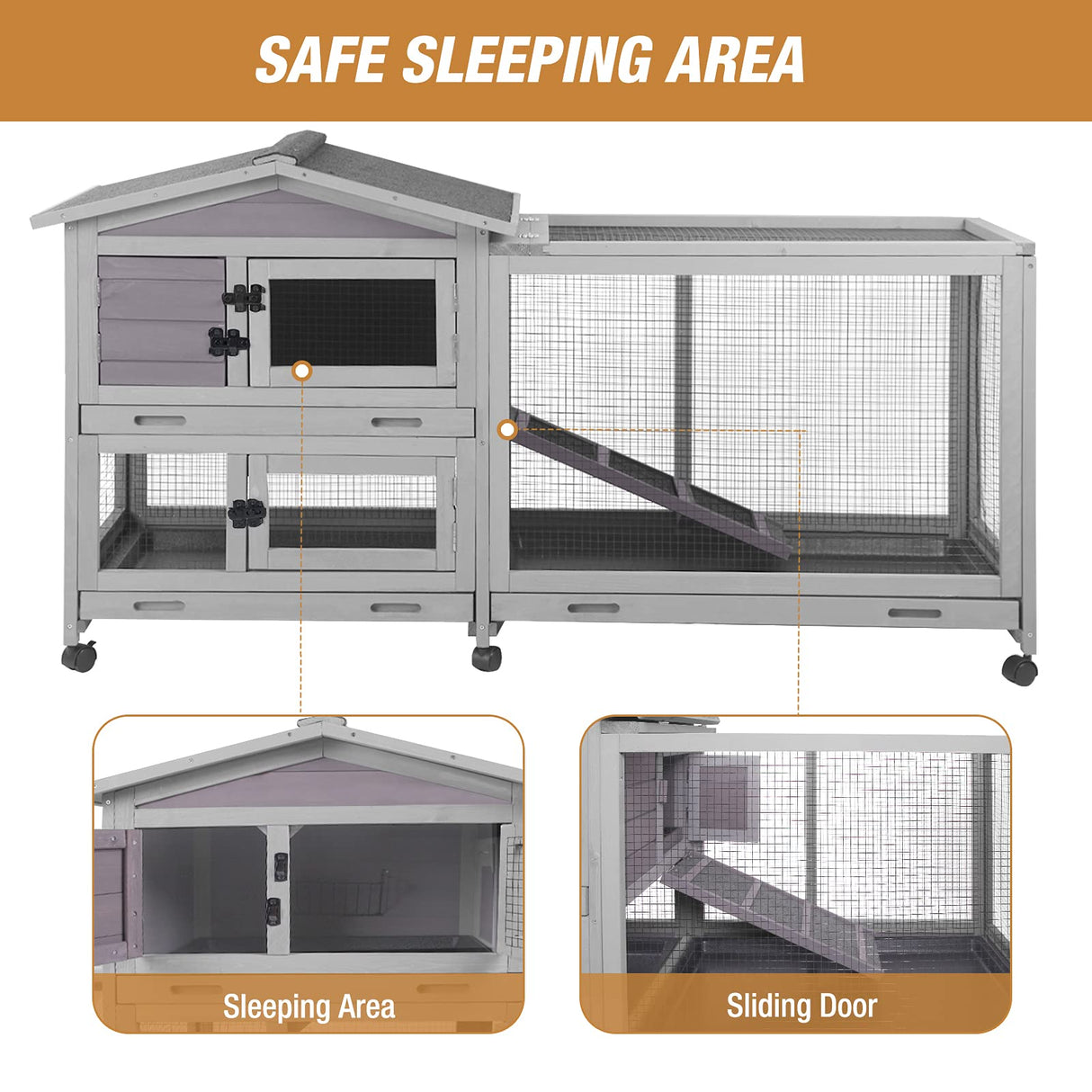 Bunny Cage Indoor and Outdoor Rabbit Hutch with Casters Waterproof Roof, Pull Out Tray from Back and Front 61.2" L x 22.6" W x 33.5" H