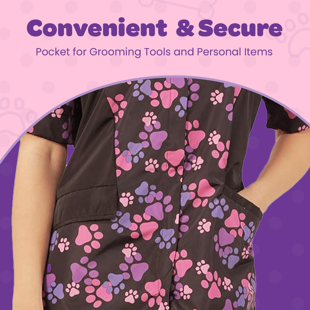 Ladybird Line 725 Pink and Purple Paw Print Waterproof Dog Grooming Smock, Hair and Bleach Resistant with Covered Zipper Panel, Solid Black Back, and Back Tie Belt - Ideal for Pet Groomers - L