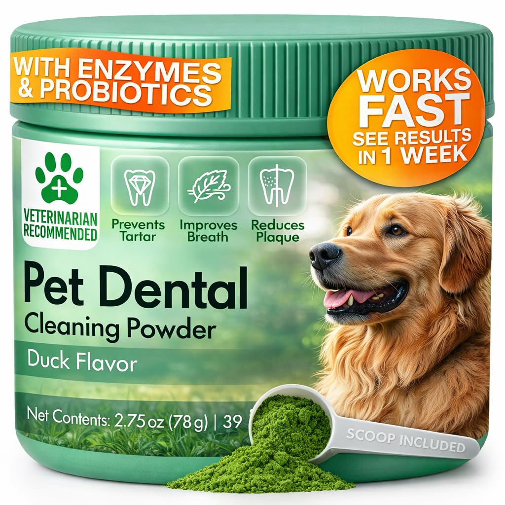 Dog Dental Powder – Dog Breath Freshener – Plaque Off and Tartar Remover for Dogs, Bad Breath Treatment, Natural Tooth Cleaning Powder for Dogs of All Breeds – Oral Care Supplement – Duck Flavor