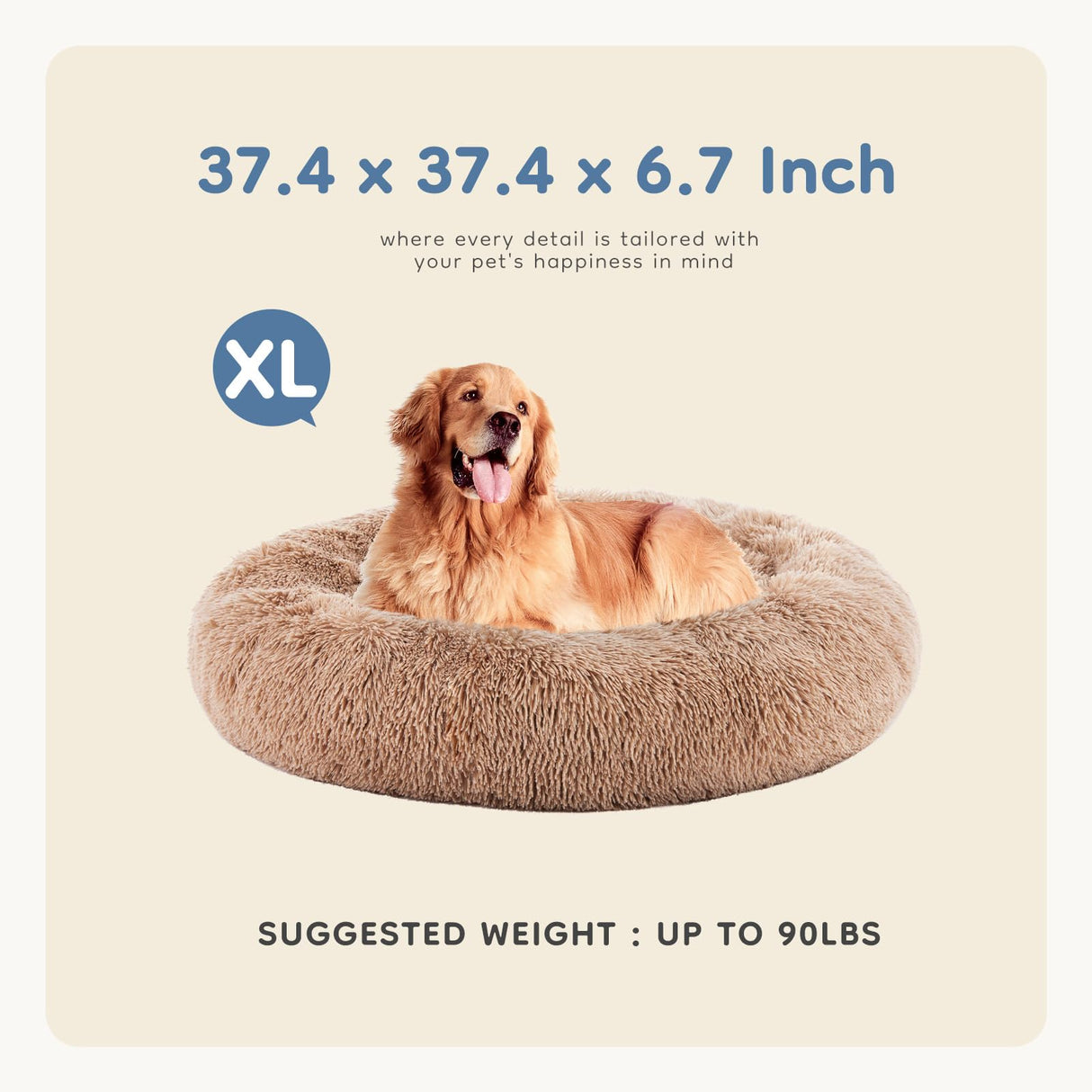 DUMOS 37.4x37.4 Inch Calming Donut Dog Beds for Large Dogs, Machine Washable Cuddler Warming Cozy Fluffy Faux Fur Plush Round Pet Bed Medium Sized Bed for Indoor Dogs and Cats, Brown