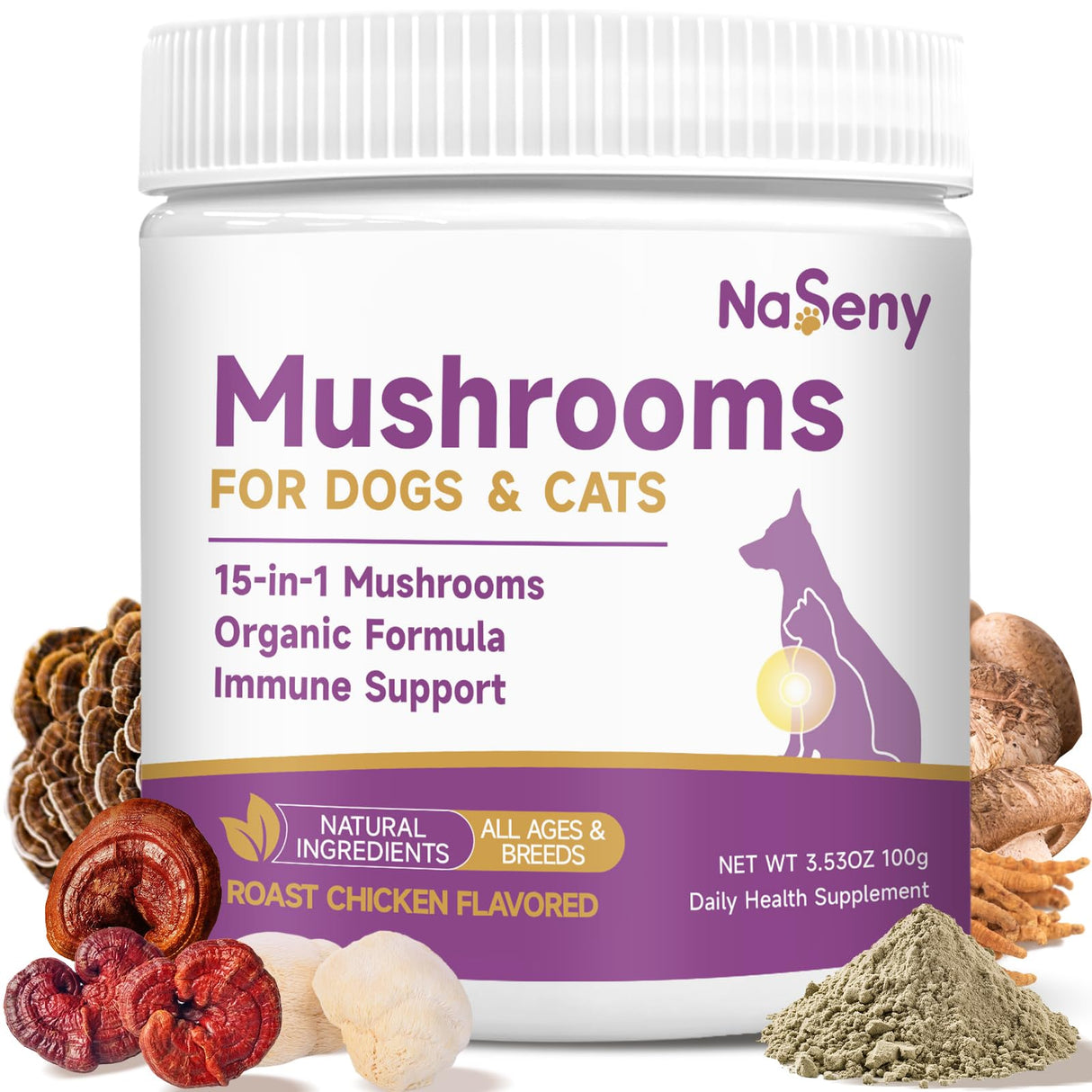 NaSeny Mushroom for Dogs & Cats - Turkey Tail for Dogs - 10 Organic Mushroom Supplement with Turkey Tail, Reishi, Lions Mane - Lumps & Bumps, Immunity, Gut, Skin, Joint Health - Chicken Flavor