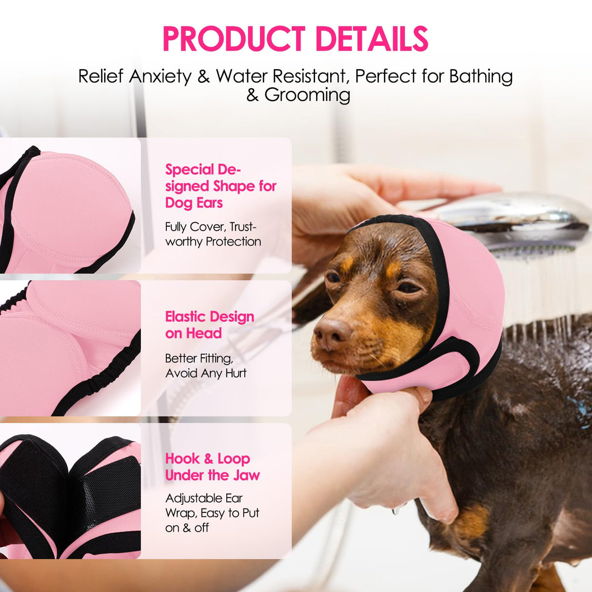KOESON Dog Calming Hoodie - No Shake Ear Wraps for Dogs, Anxiety Relief & Noise Protection, Water Resistant Pet Ear Cover Muffs for Firework, Grooming, Thunderstorms, Swimming, Bathing, Light Pink S