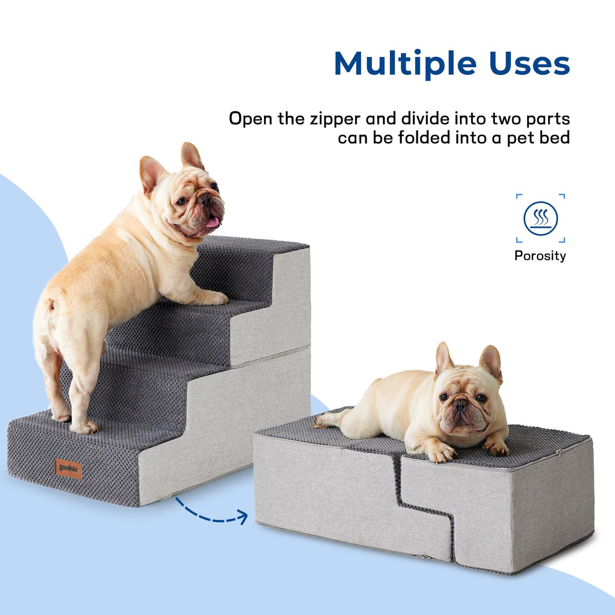 ZOMISIA Dog Stairs for Small Dogs - Pet Stairs 2 in 1 with Zippers Suitable for Couch and Bed, 35D Foam Dog Steps with Non Slip Bottom Grey 4 Steps, Beige