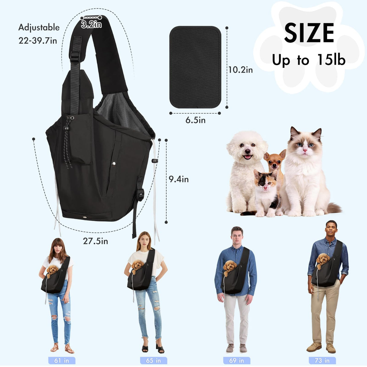 Creproly Dog Carrier Sling, Dog Carriers for Small Dogs & Cats with Pockets, Puppy Carrier Sling 15 lbs Machine Washable, Adjustable Shoulder Strap, Hands Free for Family Outdoor Use (Black)