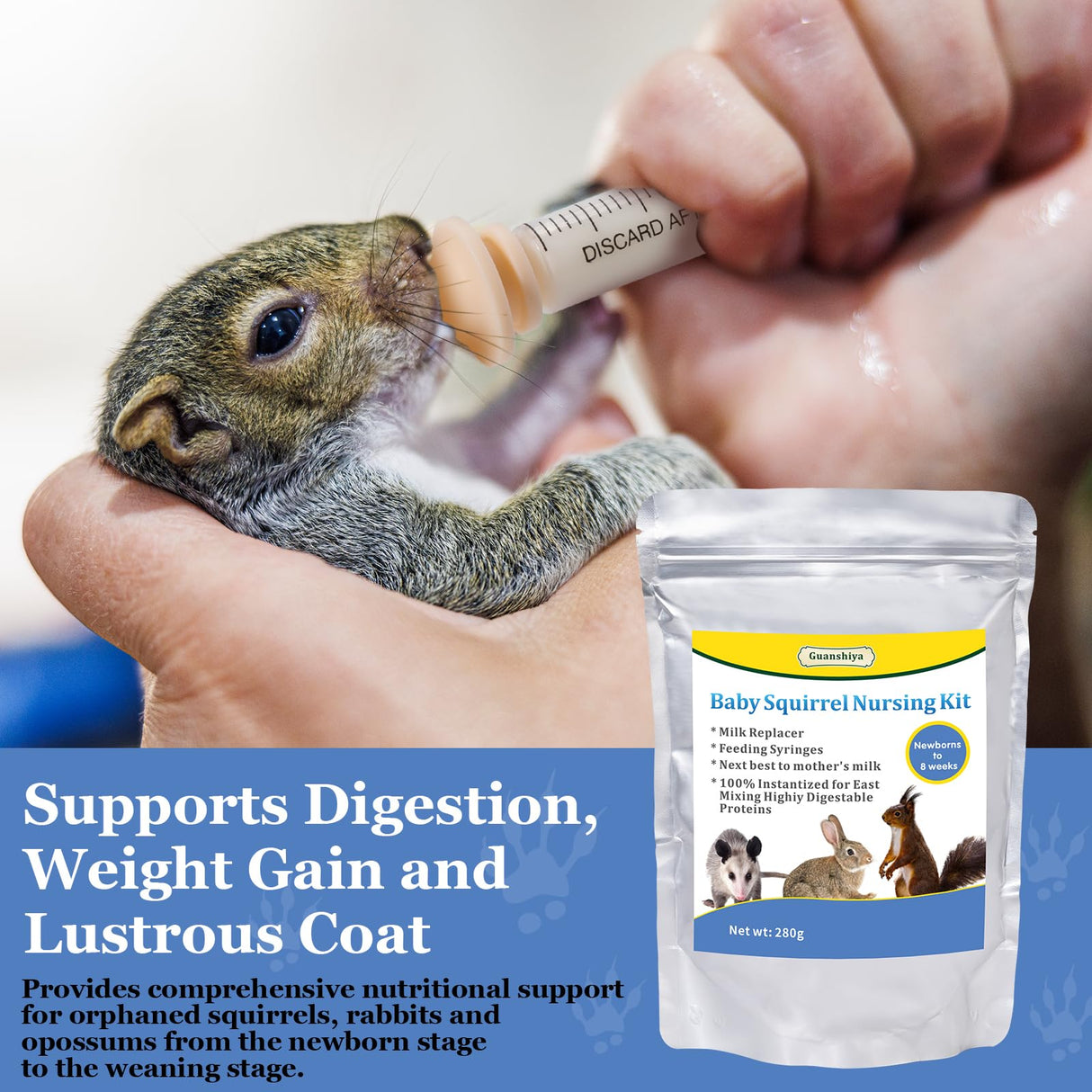 Baby Squirrel Formula Kit,100% Instantized for Mixing Digestible Proteins, Milk Replacer for Squirrel, Rabbit, Opossum, with Feeding Syringes(280 g)