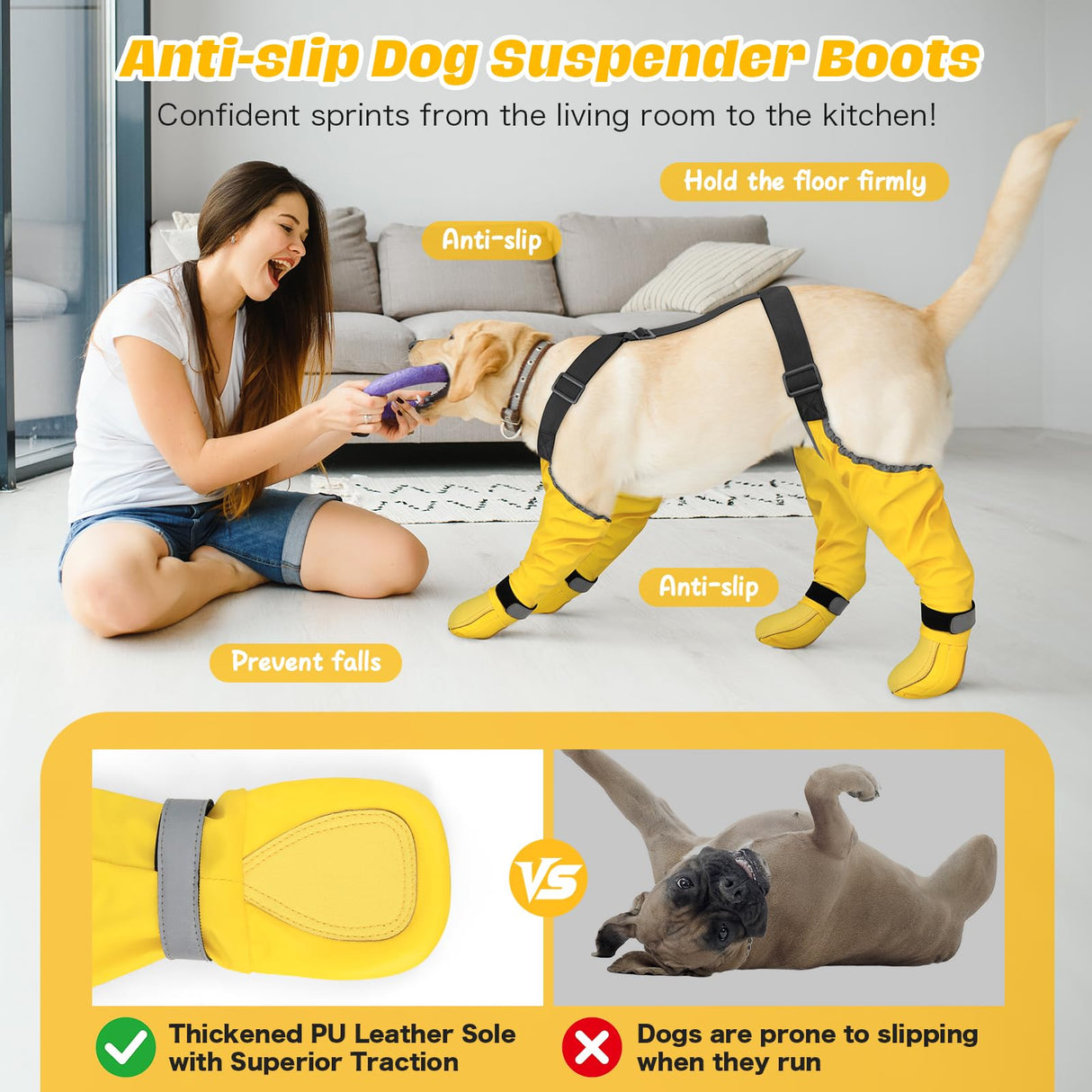 BiPawTi Dog Suspender Boots, Anti-Dust/Anti-Slip Dog Boots for Outdoor, 6-Point Adjustable Suspender Pants for Hardwood Floors/Snow Walks, 360° Reflective Paw Protectors Legging Shoes (XL)