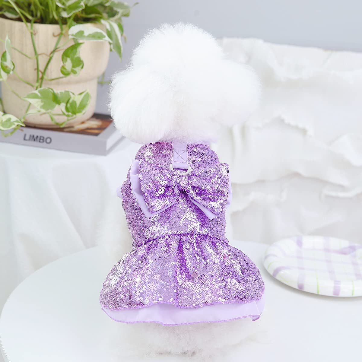 Tangpan Sequins Bow-Knot Pet Dance Dress Dog Christmas Party Dress (Purple, L)