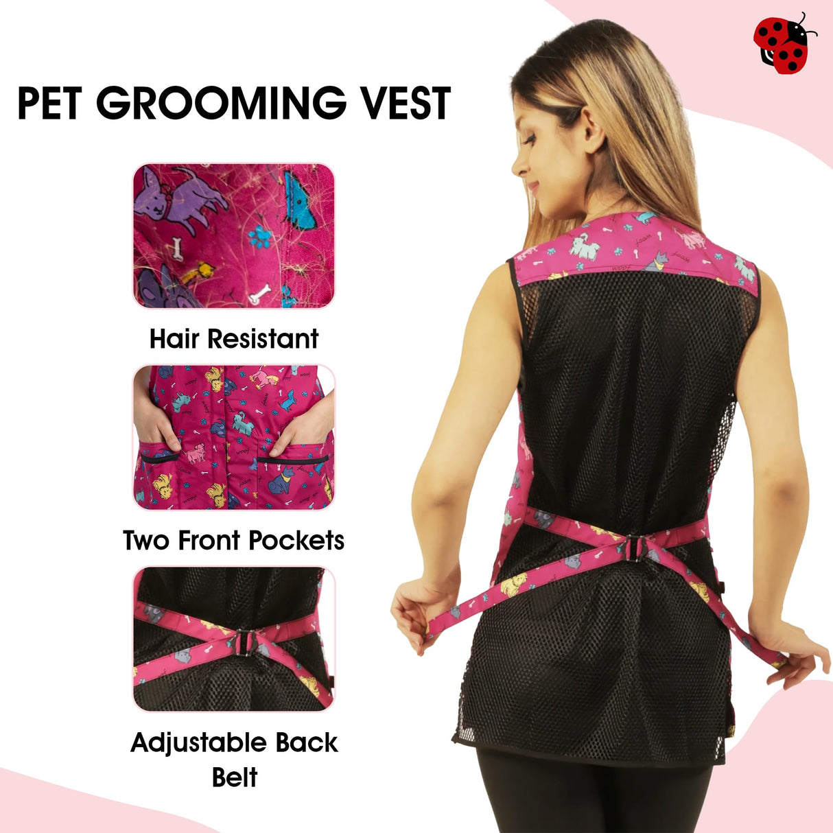 Ladybird Line 711 Pink Dog Design Waterproof Pet Grooming Vest, Hair and Bleach Resistant, Covered Zipper Panel, Mesh Back, Adjustable Back Tie Belt, 2 Front Pockets, Pet Groomers and Vet Clinics-3XL