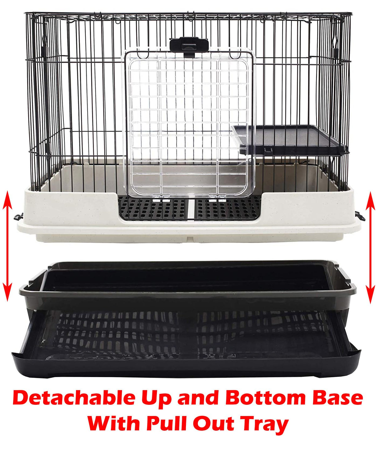 Deluxe 2-Level in/Outdoor Rabbit Hutch Cage for Ferret Squirrel Chinchilla Paw Safe Solid Platform Ramp Mesh Floor Pull Out Leakproof Easy Clean 2-Inch Deep Tray Large Access Doors Lockable Casters
