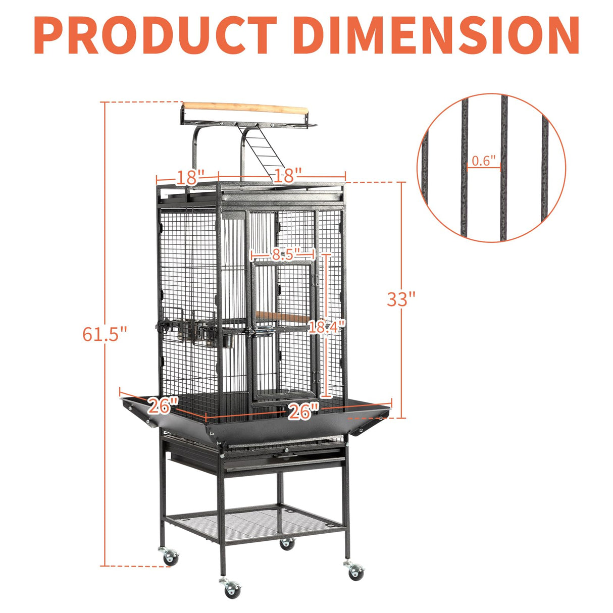 VINGLI Bird Cage with Rolling Stand for Parrots, Cockatiels, Budgies, Lovebirds, Small/Medium Birds (62“H with Play Top)