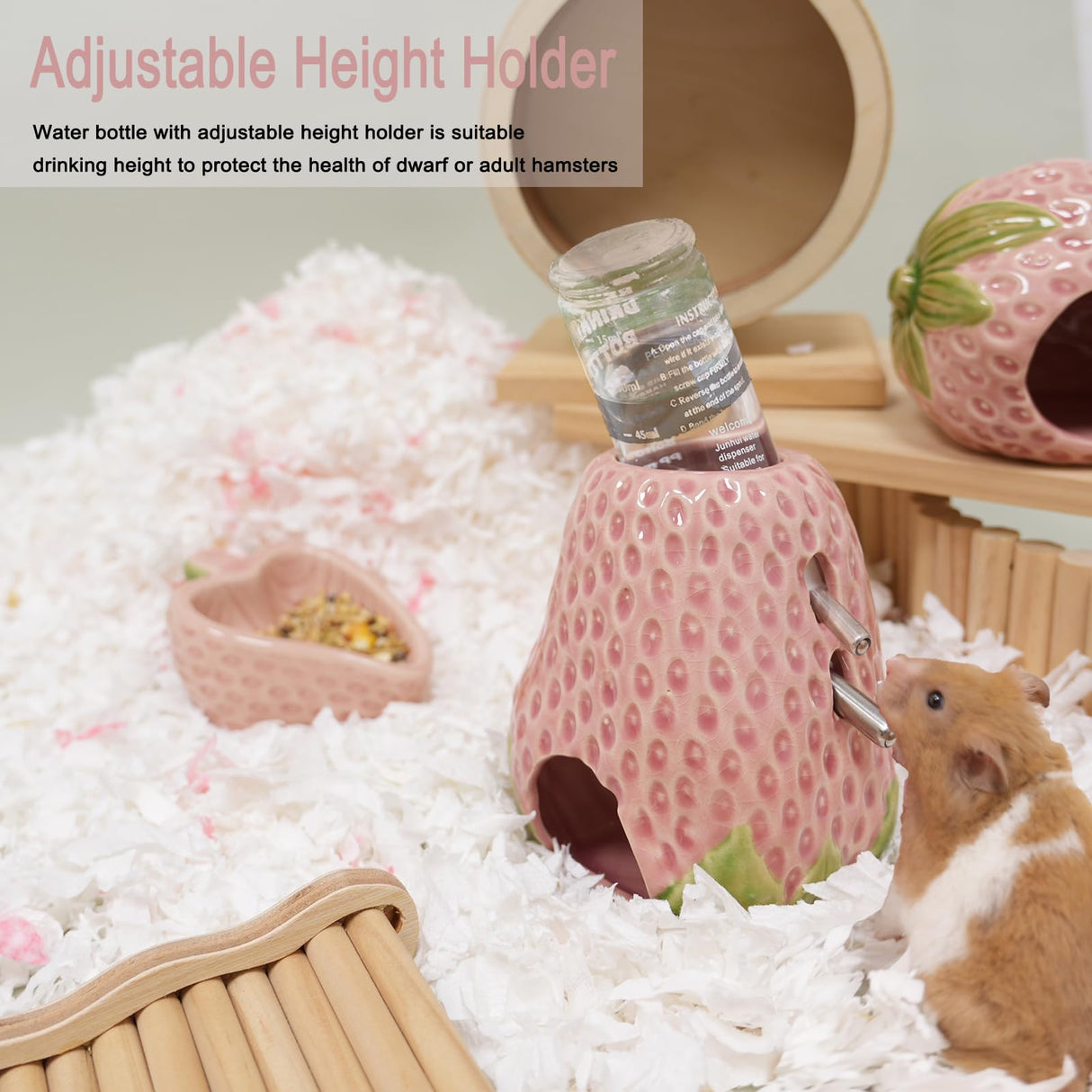 Hamster Water Bottle, Strawberry Ceramic Hamster Gerbil Water Bottle for Glass Tank, Dispenser, 80ML Bottle for Water Holder Stand with 2 No Drip Caps for Syrian Mice, Gerbil(Pink