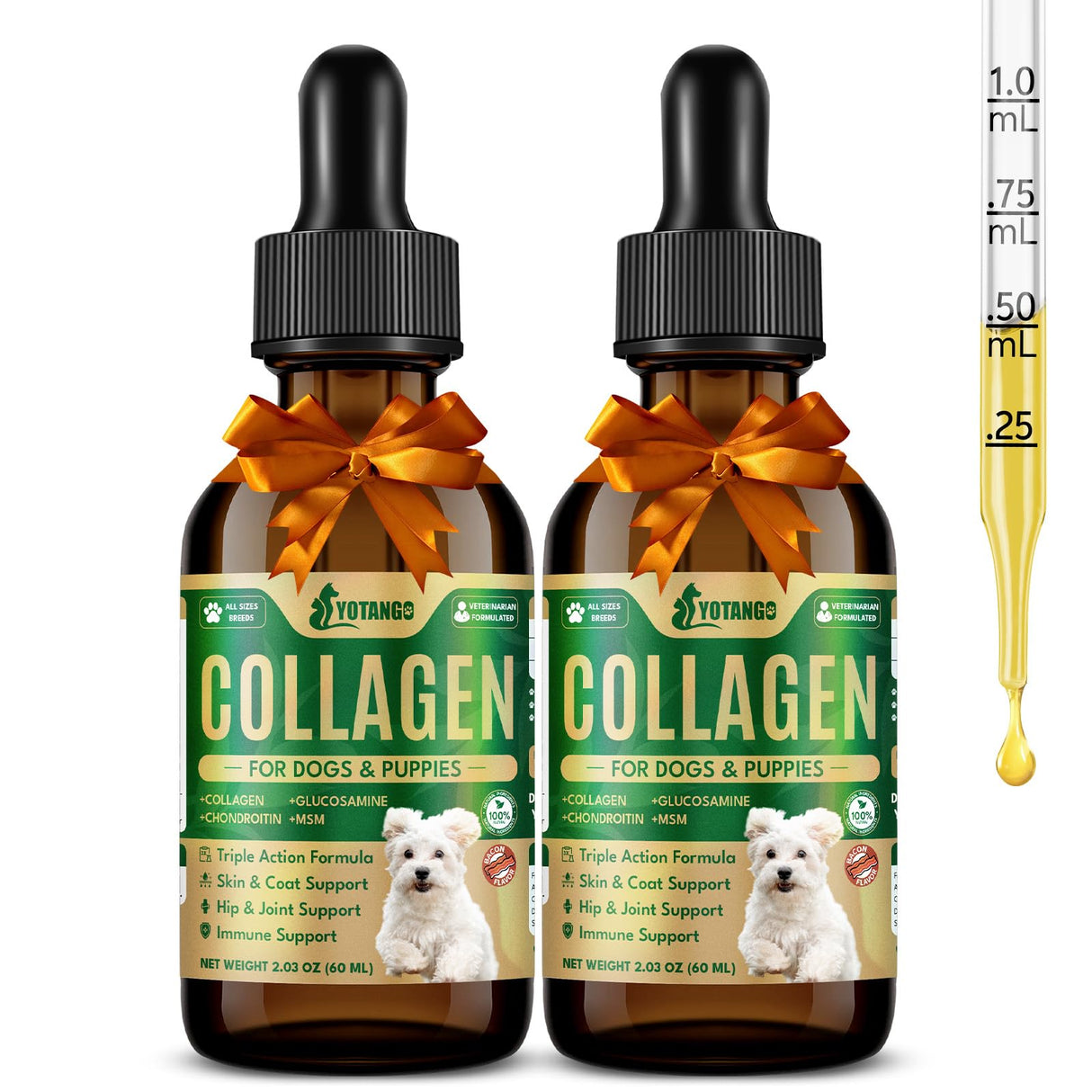 Liquid Collagen for Dogs, Natural Dog Collagen for Skin & Coat Support, Immune Support, Joint & Mobility Care with MSM, Middle-Aged and Older Dogs (Bacon Flavor - 60ml 2 Pack)