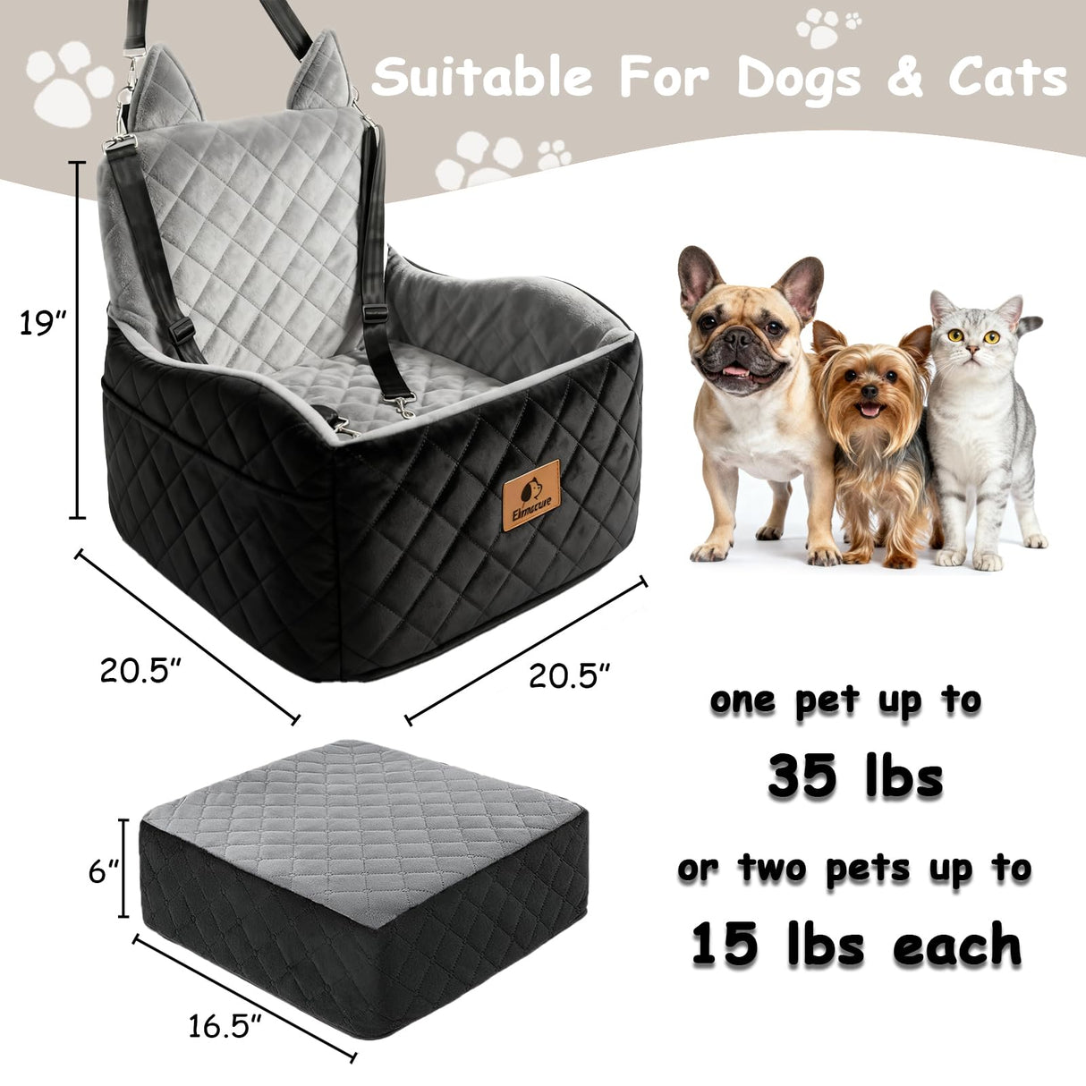 Eimuzure 6" Elevated Dog Booster Seat for Small & Medium Dogs up to 35 lbs – Memory Foam Car Bed with Washable Cover for Calmer Rides, Better Window View & Easy Cleaning