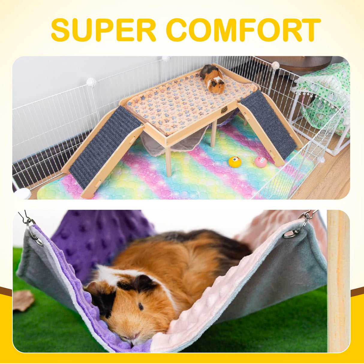 BESNEW Enlarged Guinea Pig Hammock with Platform and Stairs,Wooden Foldable Piggies Hideout for Guinea Pigs Bunny Ferret Hamster Hiding Sleeping Activities 24L x 12W x 11H in(Double)