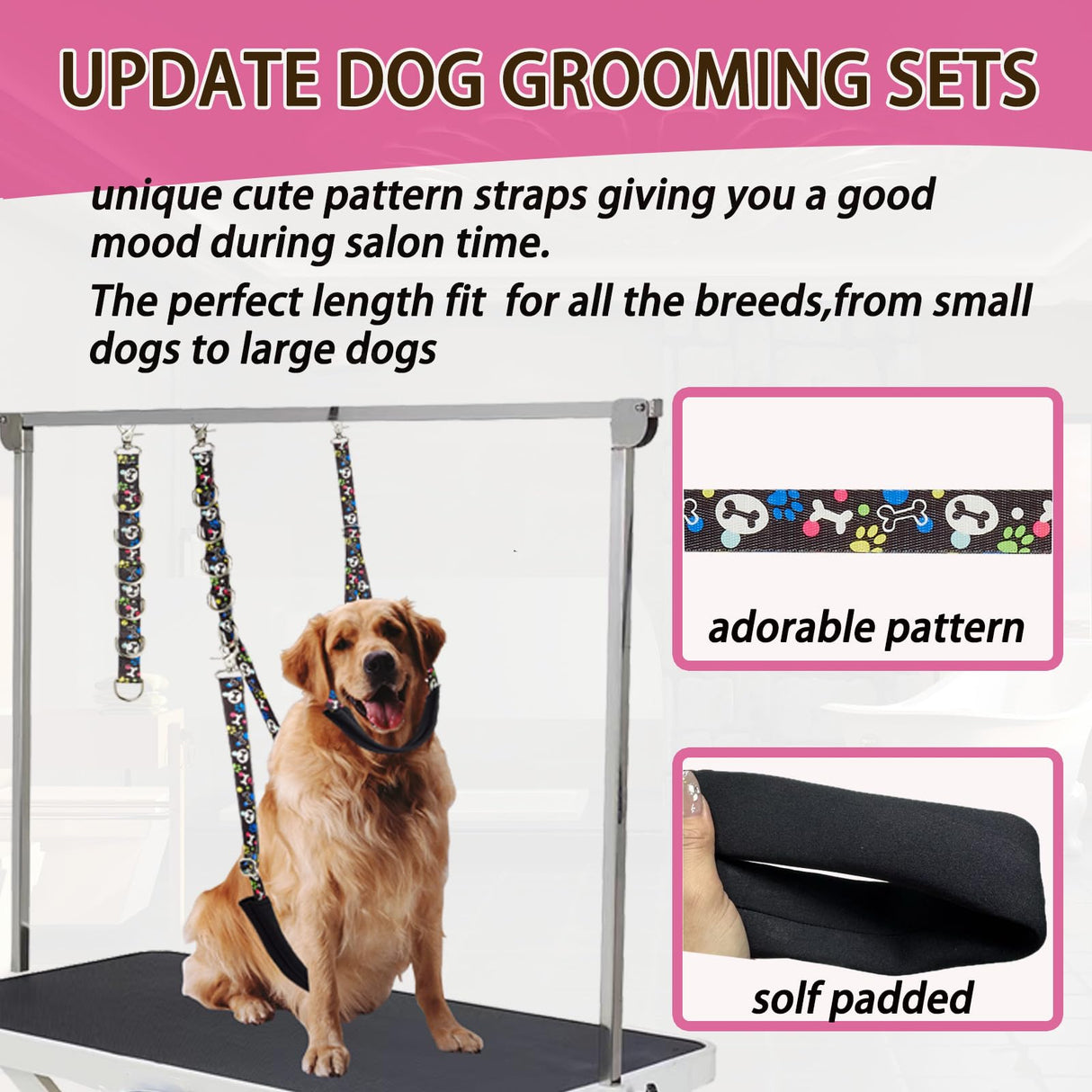 Dog Grooming Belly Straps – Adjustable Grooming Loops with Cute Paw & Bone Pattern Pet Grooming Belly Support Band Table Accessories for Small Medium Large Dogs(Light Pink)