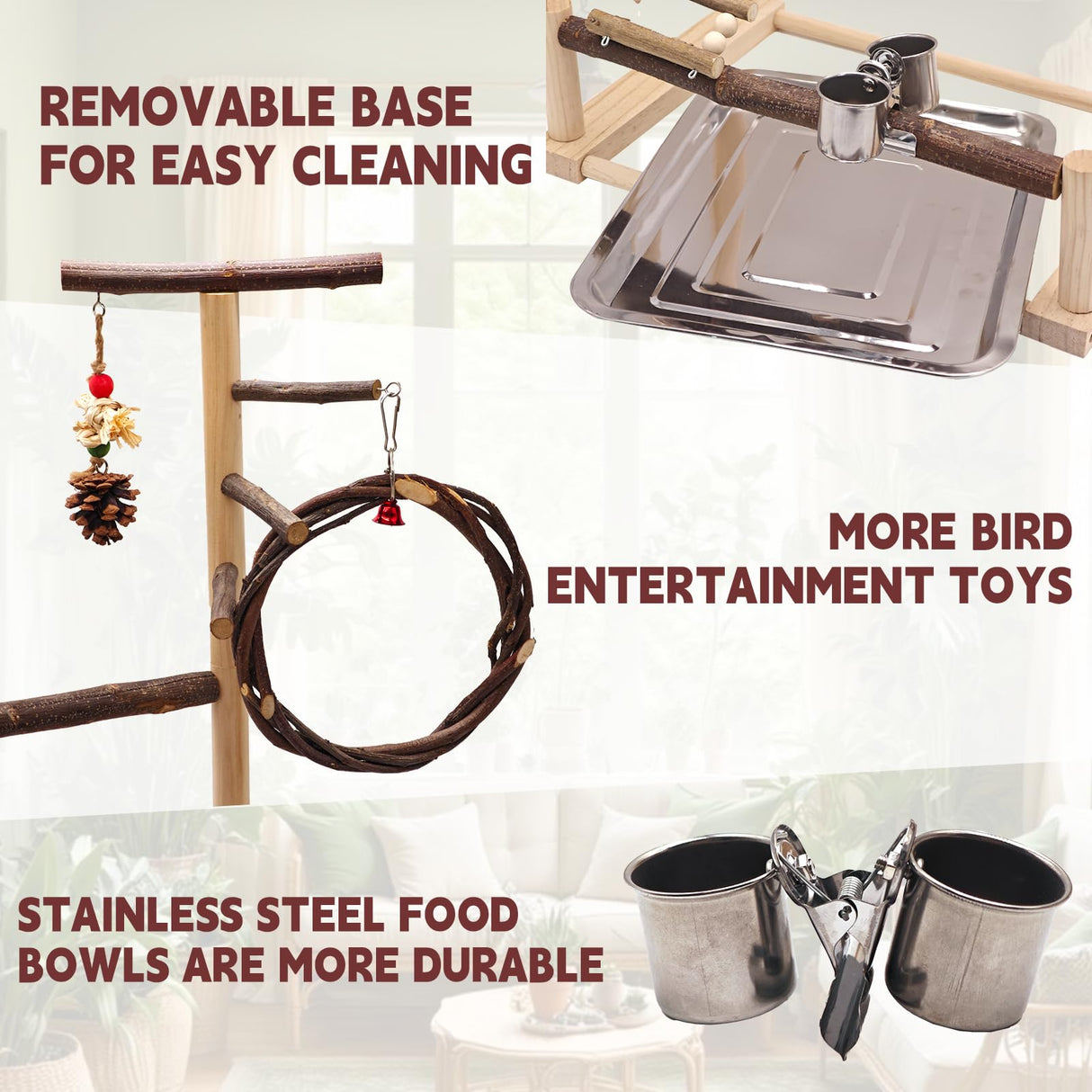 Bird Playground, Natural Wooden Parrot Stand with Feeding Cup, Swing, Chew Toy, and Other Cage Accessories. Bird Perch for Most Birds Including Cockatiels, Budgerigars, Grey Parrots, and More