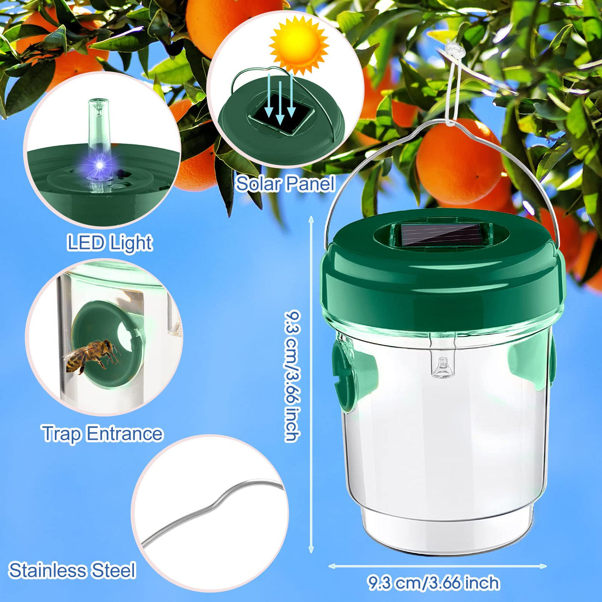 6 Pack Wasp Traps Outdoor Hanging Solar Wasp Killer Reusable Bees Trap with UV LED Light Solar Powered Hornet Trap for Indoor Outdoor Patio Garden Home with Snap Hooks and String (Green)