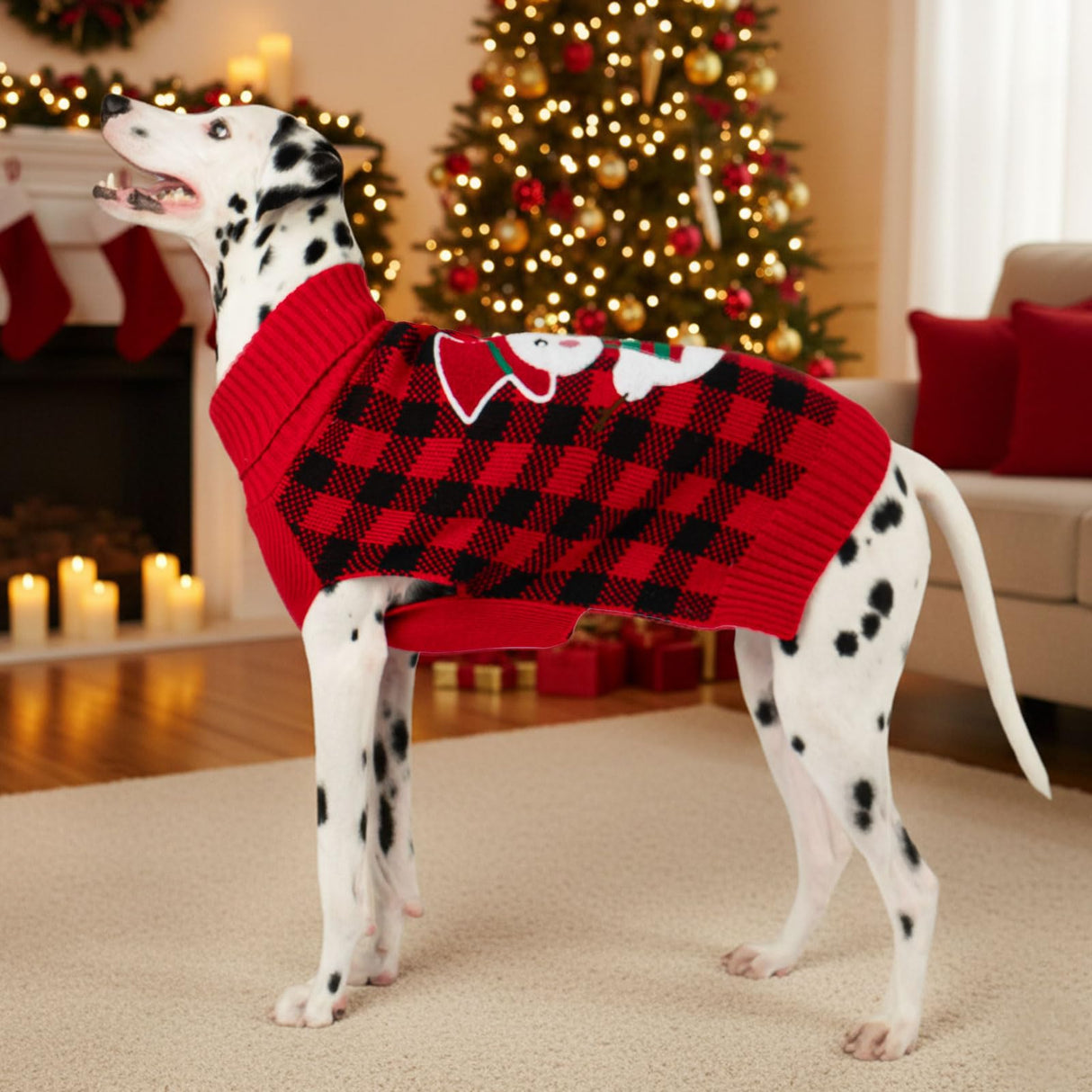 KYEESE Dog Christmas Sweater with Snowman Design, Turtleneck Dog Sweater for Medium Dogs, Cozy Holiday Outfit, Red Buffalo Plaid Knitwear with Leash Hole, Soft Warm Pet Clothes, XX-Large