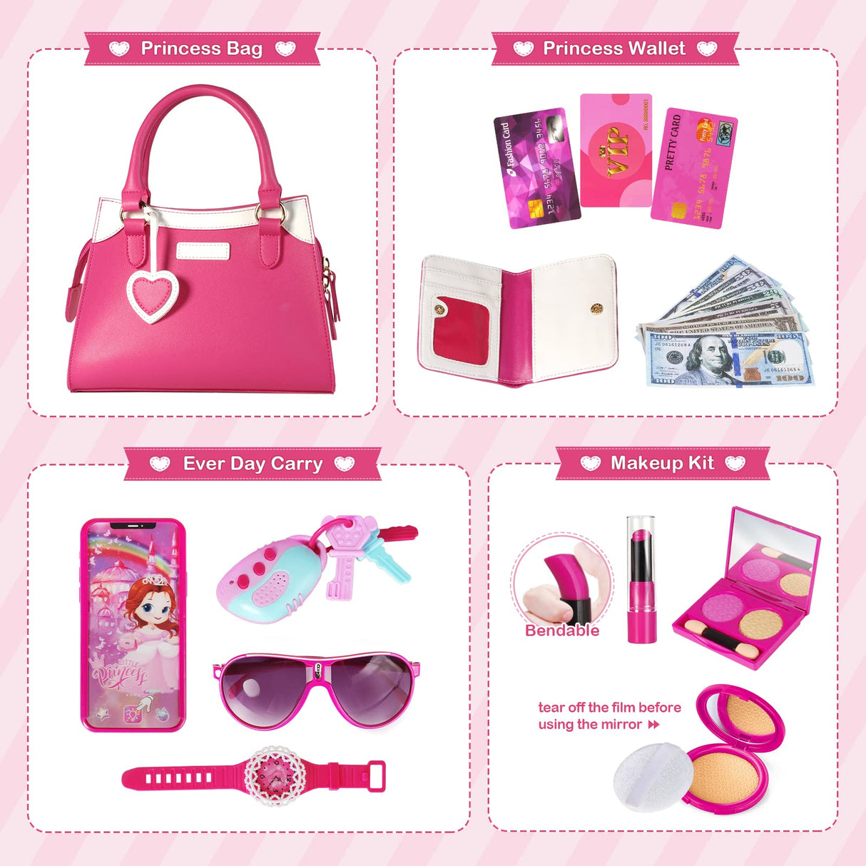Shemira Play Purse for Little Girls, Princess Pretend Toys for Girls 3 4 5 6 7 8 Years Old, Christmas & Birthday Gift for Kids Age 3-5 4-6 6-8, Toddler Purse with Accessories, Kids Toy Purse,Pink