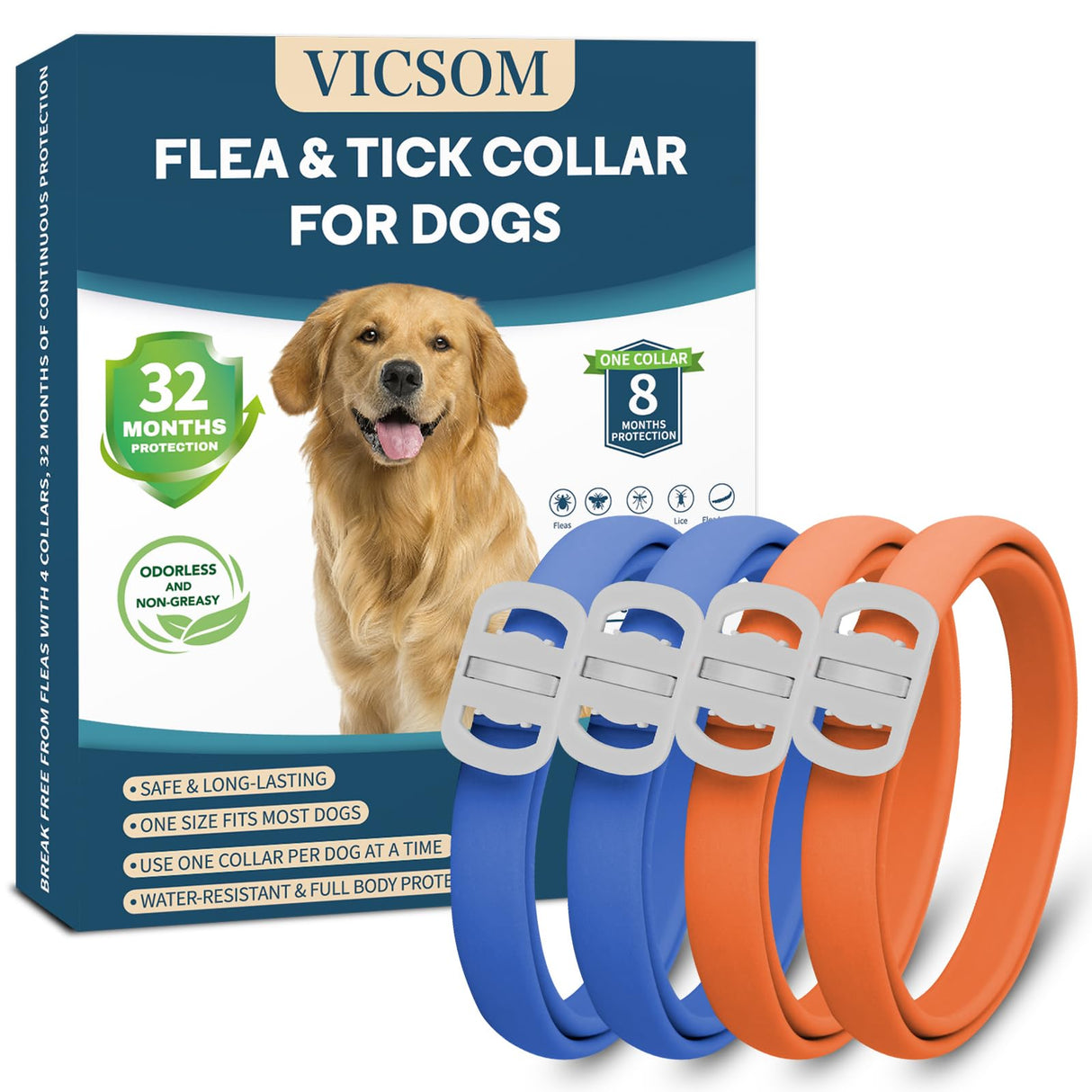 Dog Flea and Tick Collar 4 Pack, Waterproof Adjustable Collar for Dogs and Puppies, 32-Month Prevention, Blue & Orange
