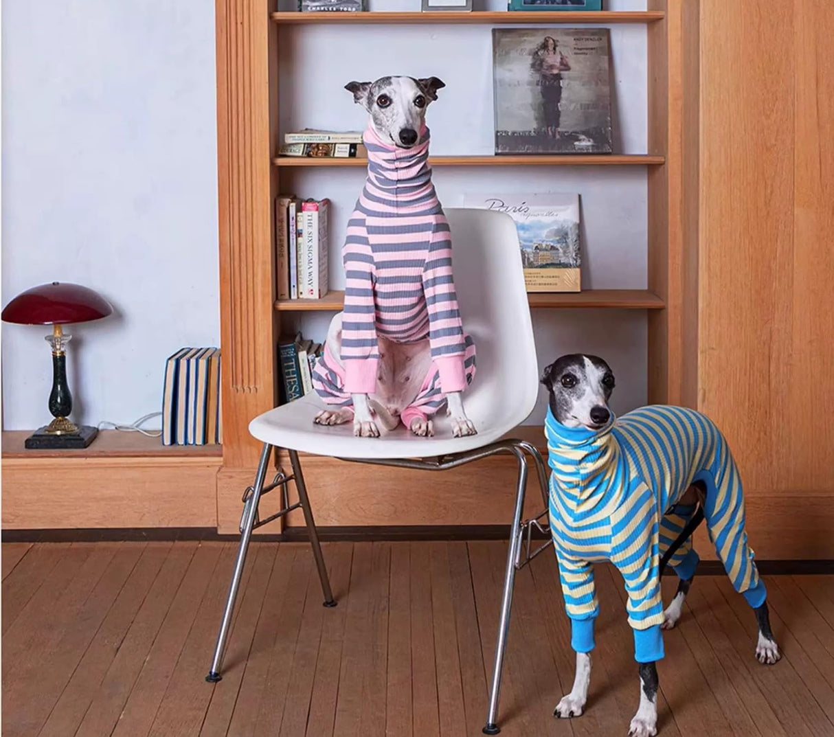 HowlyWoof Whippet Shirt, Thin Striped Base Layer Onesie for Greyhounds, Lightweight Striped Base Layer for Sighthounds (Pink&Grey, Size 8(35-41lbs))