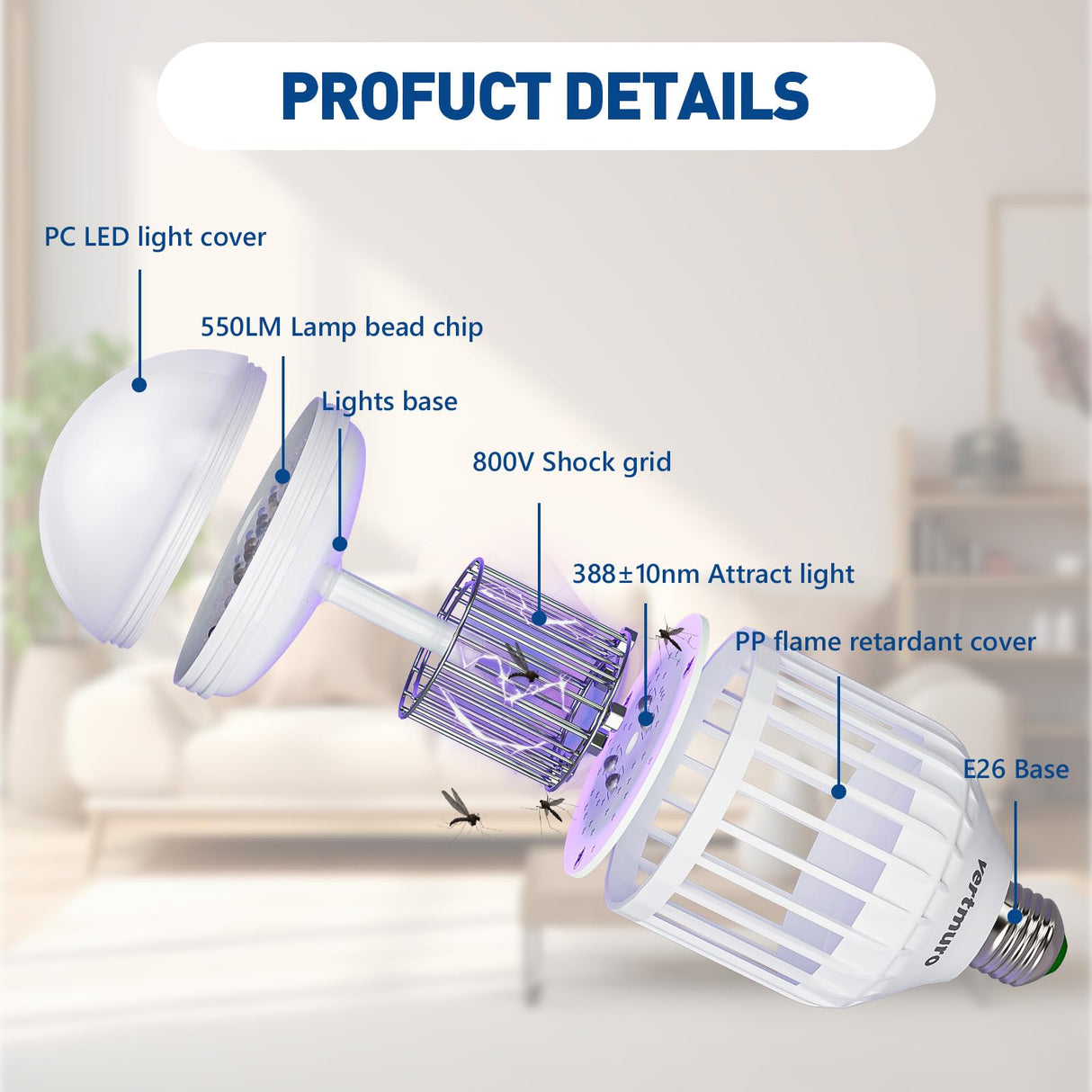 vertmuro Bug Zapper Light Bulb, 2-in-1 Indoor Electric Mosquito Killer Lamp with UV LED Light, Fly Insects Trap for Home Entryway Balcony Patio(3 Pack)