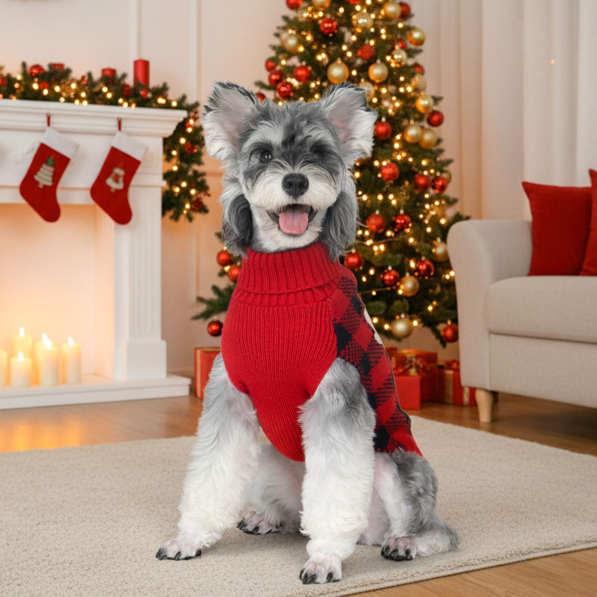 KYEESE Dog Christmas Sweater with Snowman Design, Turtleneck Dog Sweater for Medium Dogs, Cozy Holiday Outfit, Red Buffalo Plaid Knitwear with Leash Hole, Soft Warm Pet Clothes, XX-Large