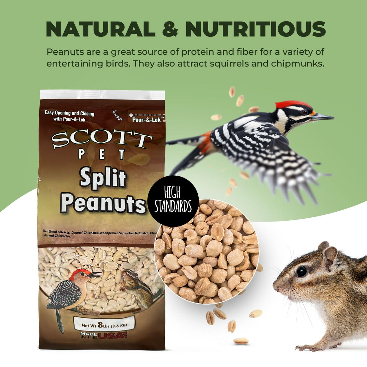 Scott Pet Wild Bird Seed, Peanuts Split (No Shell), 8 lbs Bag, Great Source of Protein and Fiber, Peanuts for Outside Wild Birds