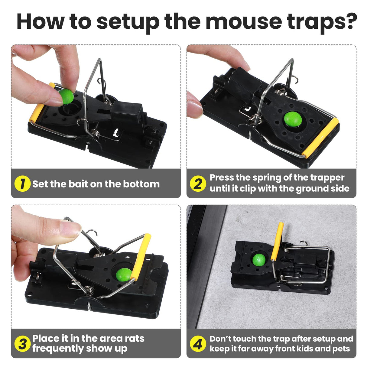 Qualirey 50 Pcs Mouse Traps Plastic Mice Trap House Indoor Rat Trap Quick Effective Safe Mouse Traps for Warehouse Garden Kitchen 3.86 x 1.81 x 2.17 Inch (Black,Yellow)