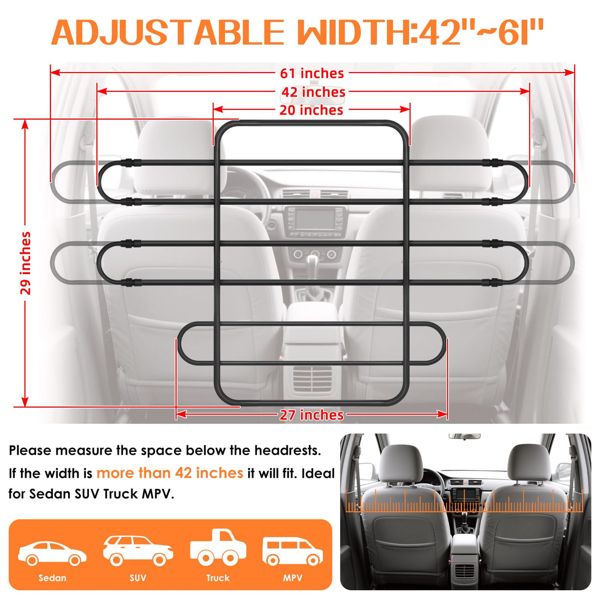 Zmgdrm Dog Car Barrier, Adjustable Universal Vehicle Pet Barrier for Cars, Trucks, SUVs - Moves with Your Vehicle Seats, 42"–61" Width Adjustable SUV Dog Barrier for Back Seat