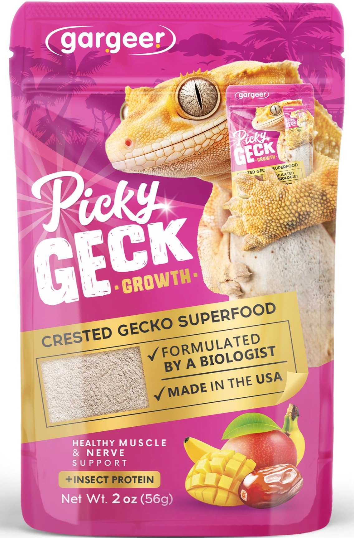 Gargeer 'Picky Geck' Growth - Premium Crested Gecko Food | High-Protein Fruit Formula for Bone & Muscle Support | No Fillers - Only Premium Ingredients | 2oz | Made in USA. Enjoy !