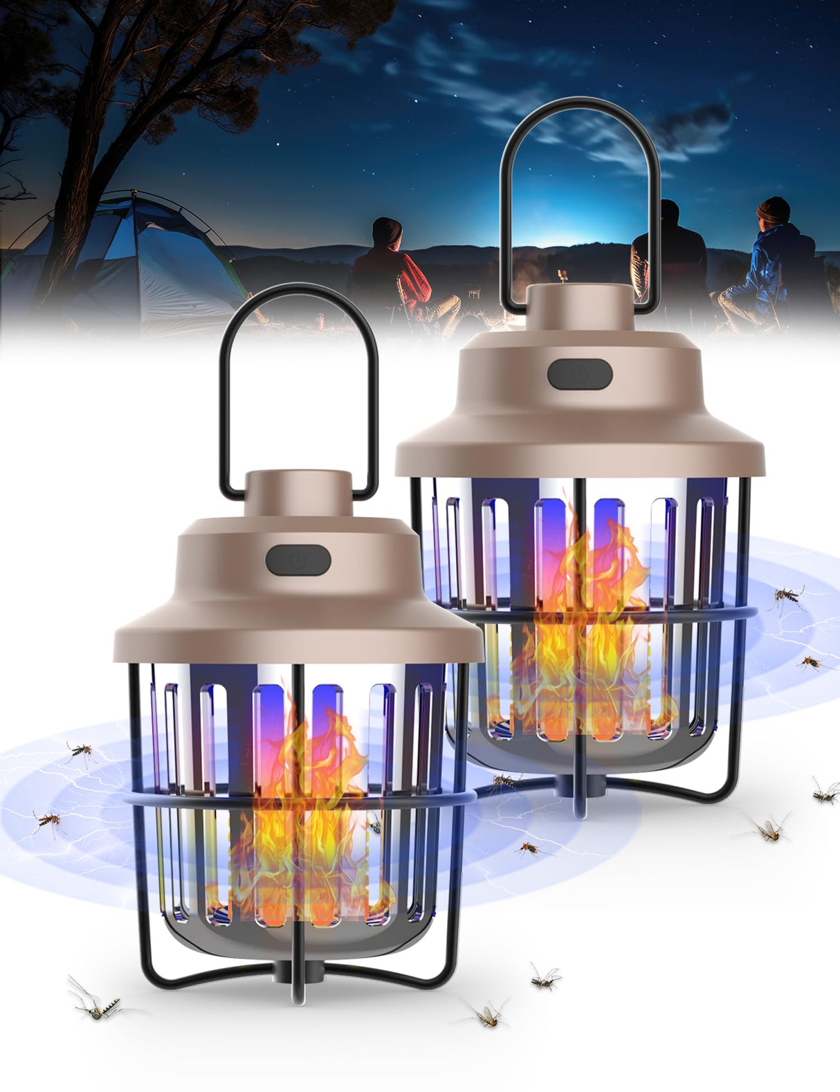 2PCS Bug Zapper Outdoor Camping Light Flashlight with Mosquito Zapper, Portable & Rechargeable Flying Insect Killer Lantern, IPX4 Waterproof Indoor and Outdoor Use for RVs, Camping, Home, Patio