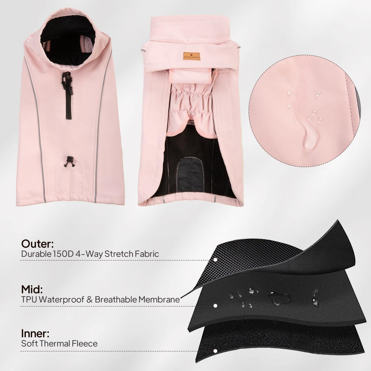 KITVAMREX Dog Coat Warm Dog Winter Coat Waterproof Dogs Jacket with Reflective Pet Fleece Vest Zip-Up Cold Weather Coats for Large Dogs Turtleneck Windproof Coats (Pink,Medium)