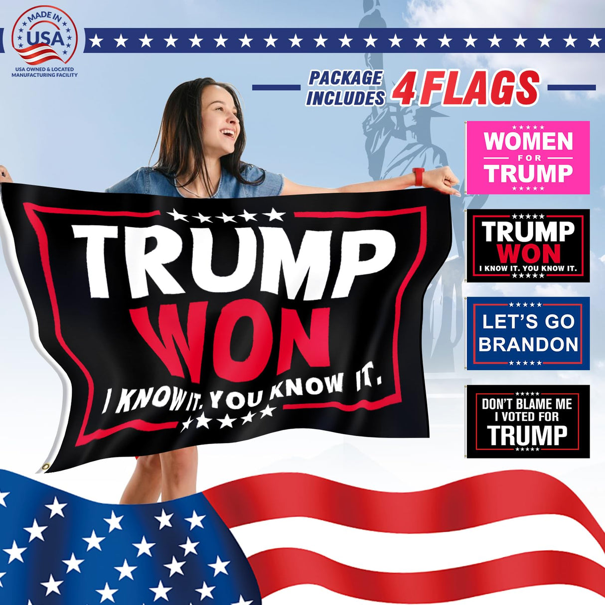 Trump 2024 Flag 4 PACKS - Take America Back Flag, TRUMP WON Flag,WOMEN FOR TRUMP Flag 3x5FT, .Perfect for Re-Elect Trump outdoor indoor (TRUMP WON - 4 PCS)