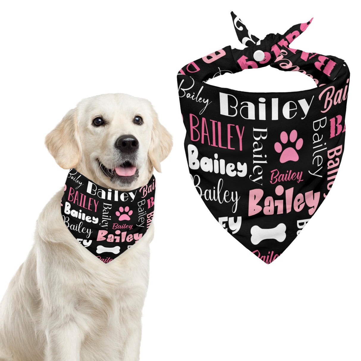 Personalized Dog Bandanas Custom Neckwear Name Button Anti-loosening Dog Scarf Triangle Bibs Kerchief Pet Costume Accessories for Small Medium Large Dogs Cats Pets Birthday-Black