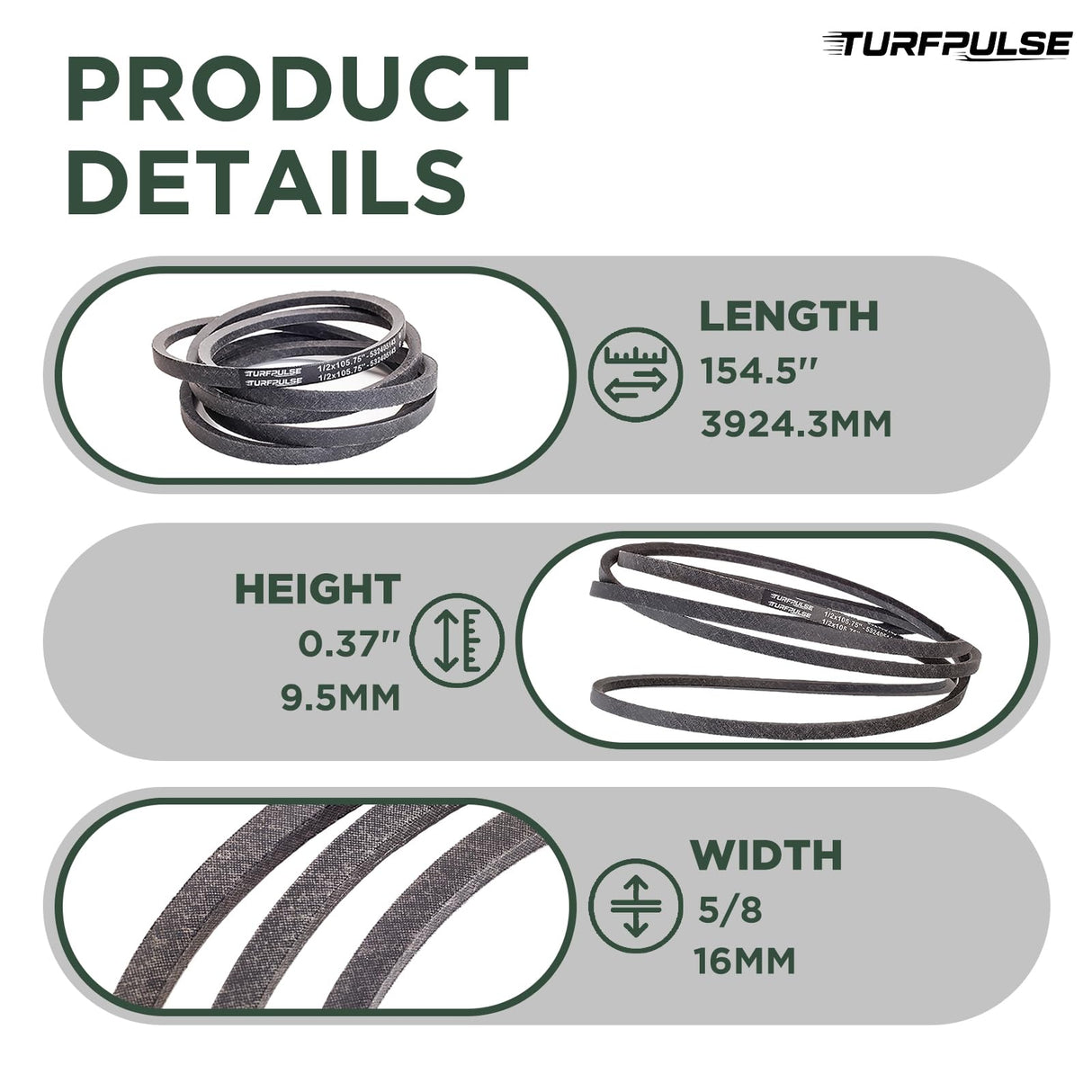TURFPULSE Lawn Mower Deck Belt Replace 116-3455 02000611 482530 for Exmark Pioneer E/S Series Quest SP Cub Cadet M72-CT Scag SMTC-52A Replacement Part Accessories, 5/8 Inch x 154.5 Inch