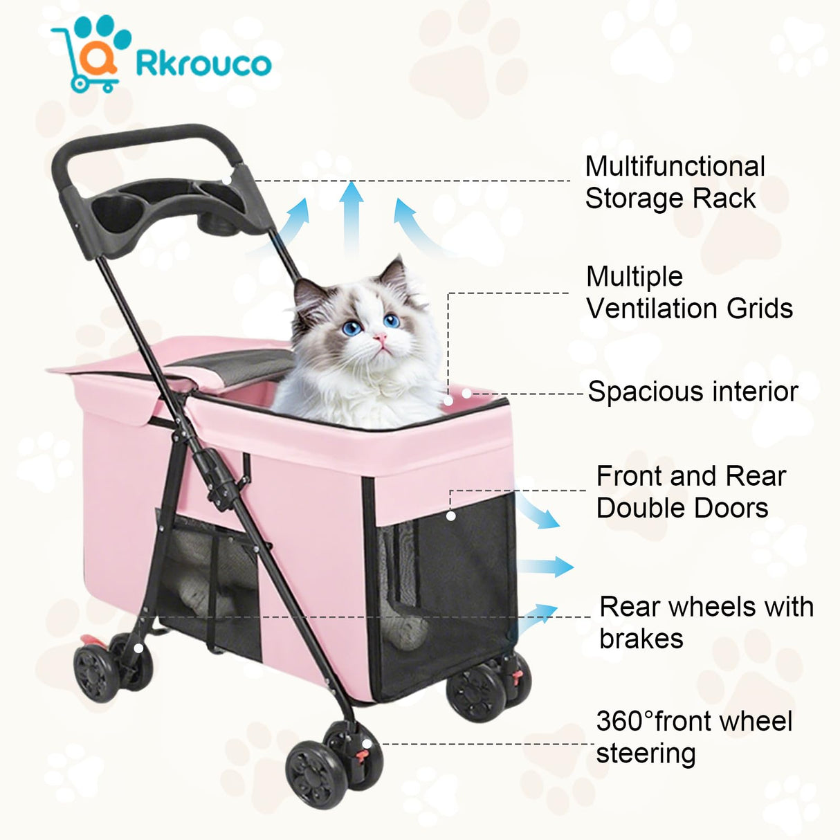 Foldable Pet Stroller for Small Medium Cat Dogs Portable Pets Carriers Strollers with 4 Wheels Up to 55Lbs Puppy Strolling Cart Travel (Pink)