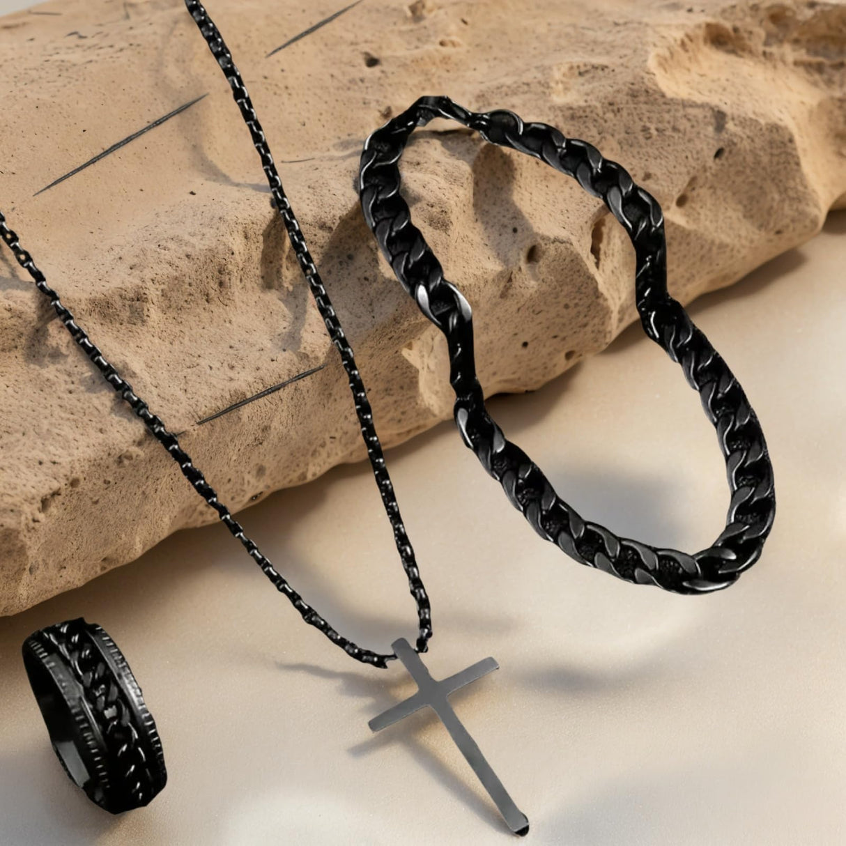 Alloy Cross Necklace Bracelet Ring Set of Three, Cross Pendant, Fashion Accessories, Suitable for Everyday Wear and Match