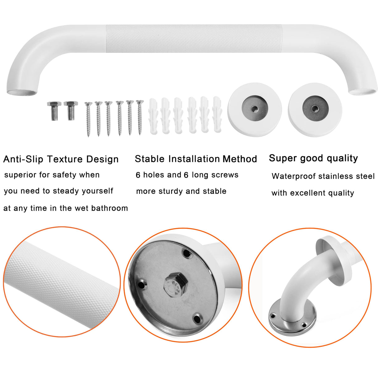 Rackickyer Shower Grab Bar, 2 Pack 12 Inch White Bathroom Grab Bar, 1.25" Diameter 304 Stainless Steel Anti-Slip Grab Bars for Bathtubs and Showers, Handicap Shower Grab Bar for Seniors Elderly