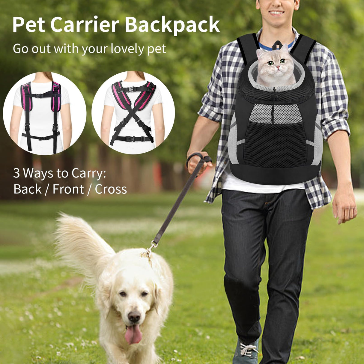 Dog Backpack Carrier, Front Chest Carrier for Cat Small Dogs, Pet Carrying Bag for Travel Hiking Cycling Outdoor Black S (Suggested Pet Height 7-10 in, 2-6 lbs)