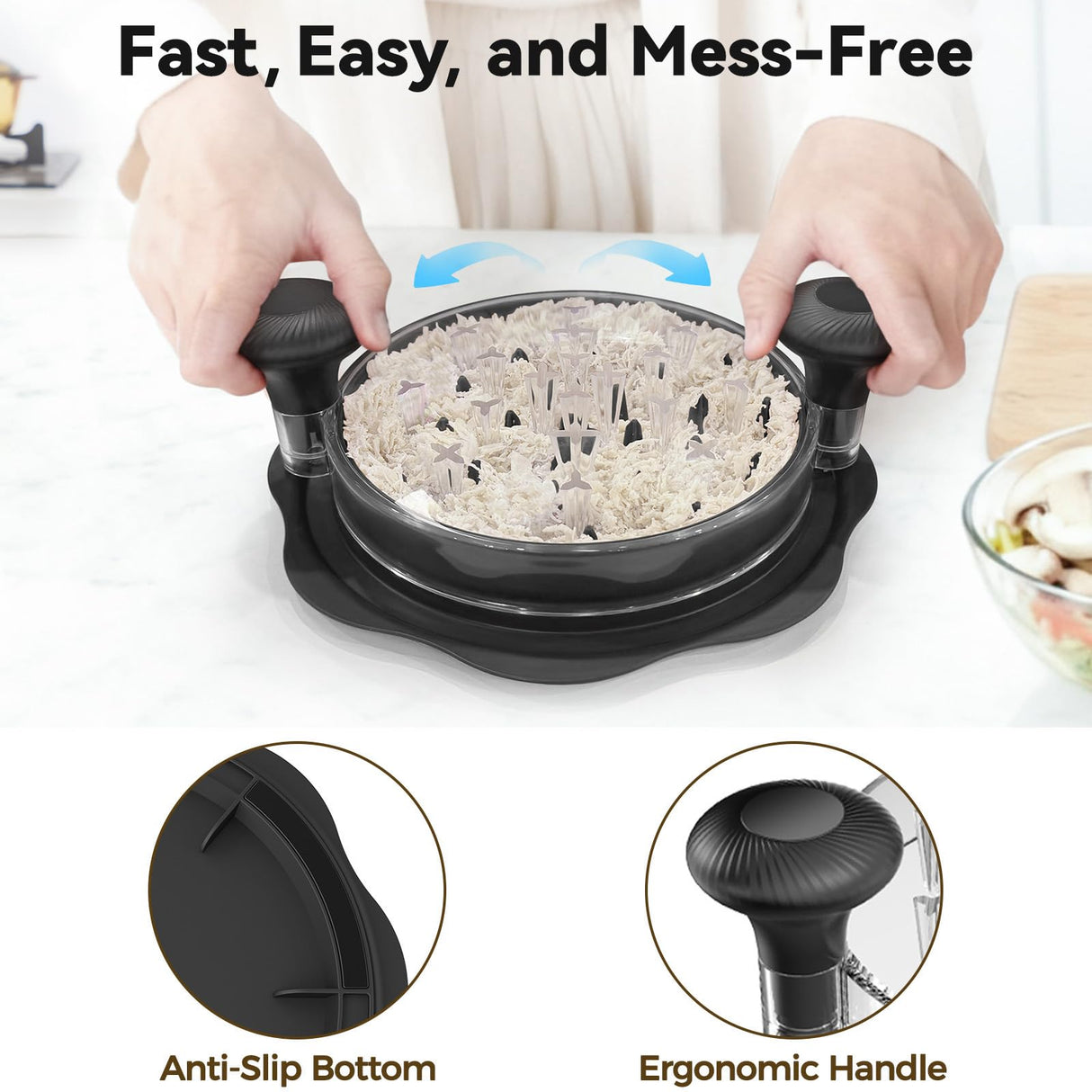 10" Pro Chicken Shredder Tool Twist Large for Kitchen, BPA-Free Food-Safe Meat Grinder, Visible Chicken Breast Meat Shredder with Strong Anti-Slip Bottom & Ergonomic Handle, Black