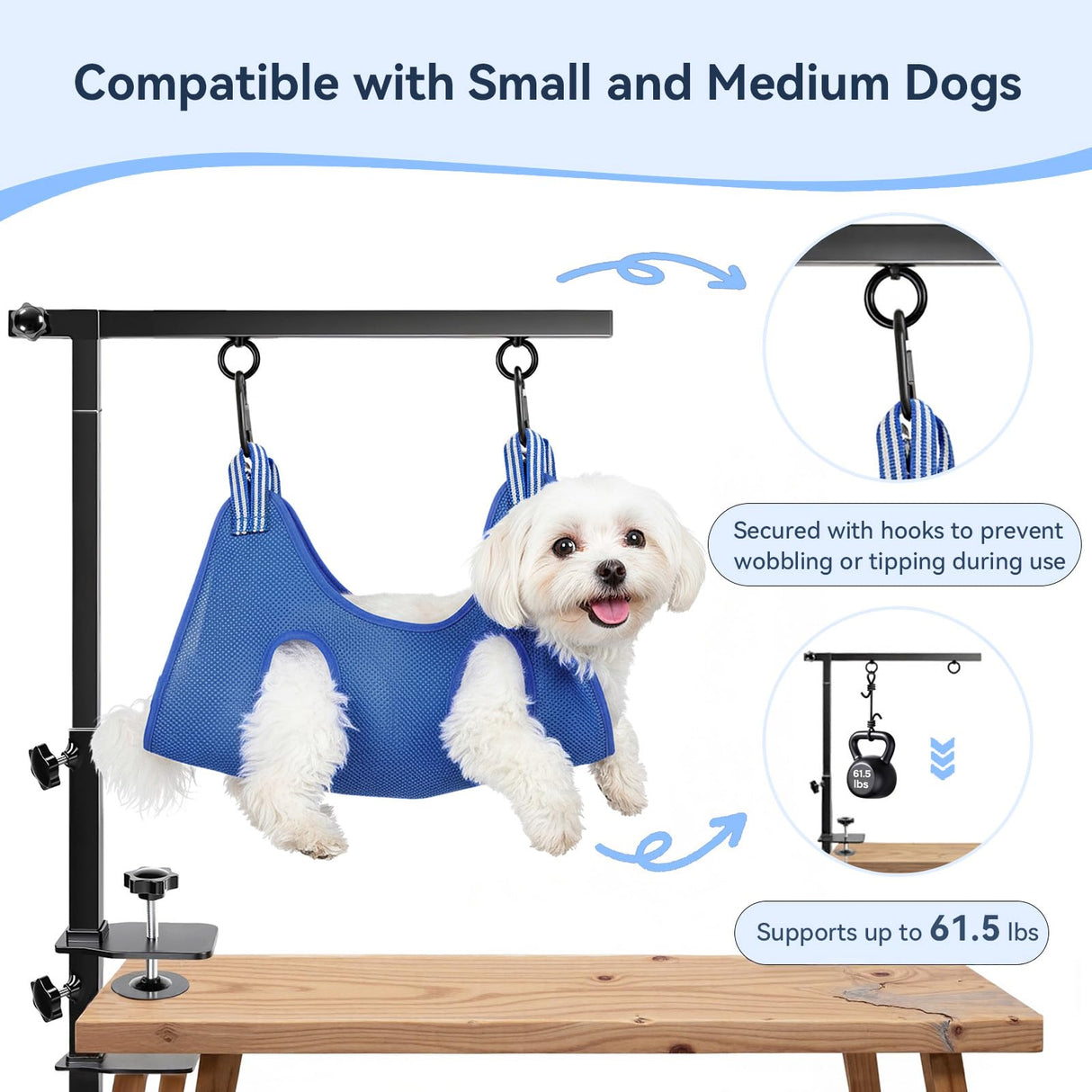 ZONEXCHIC Dog Grooming Arm with Pet Grooming Hammock, 27”-42” Adjustable Grooming Stand with No Sit Haunch Holders and Loop Noose, Grooming Restraint for Small and Medium at Home or Salon