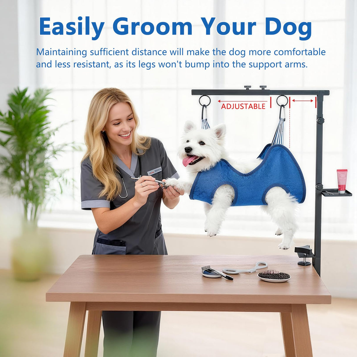 Lazaluking Dog Grooming Table Arm with Clamp (33"-43") | Extendable, Foldable Stand & Restraint with Grooming Hammock, No-Sit Rope, Tray & Bag | for Small/Medium Dogs at Home & Salon