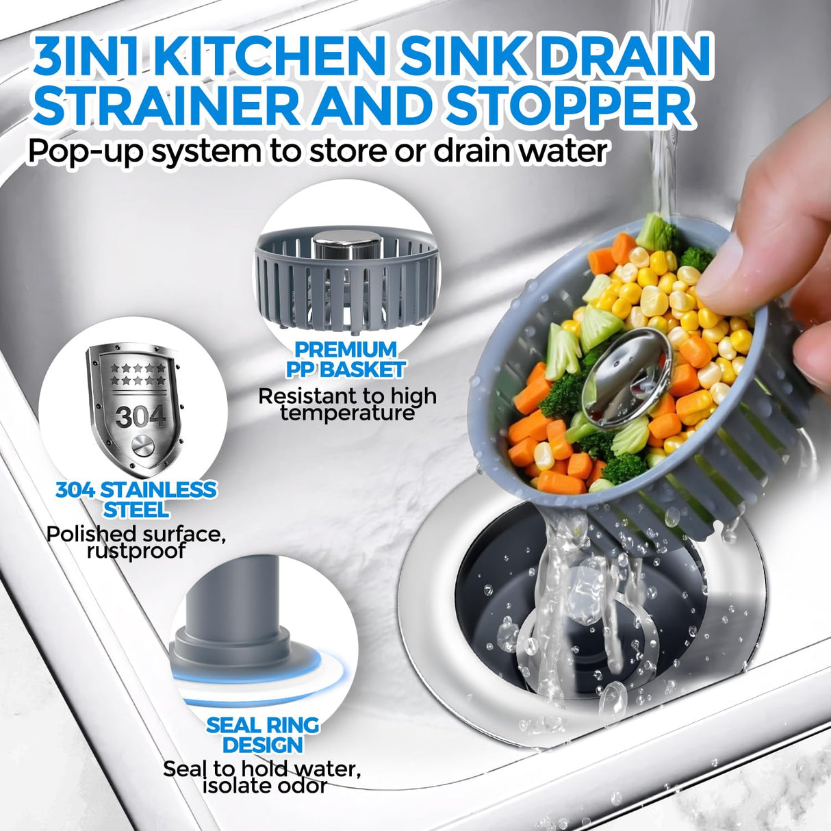2 Pack Sink Drain Strainer, Sink Stopper, 3 in 1 Stainless Steel Kitchen Sink Drain Strainer with Anti-Clogging Basket, Fit US Standard 3-1/2 Inch Drain Hole