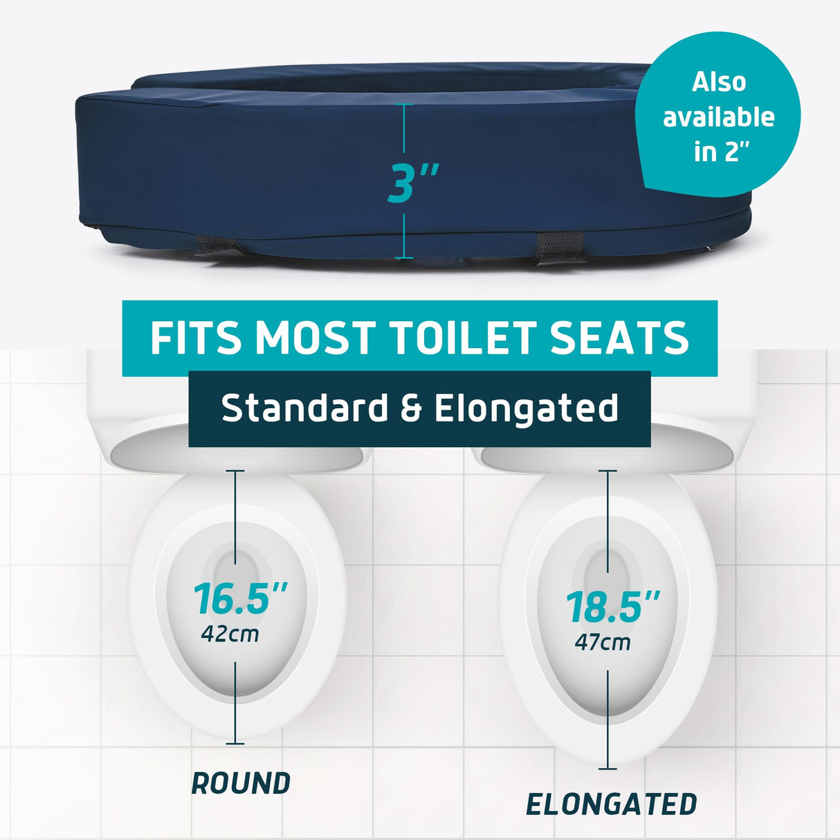Lunderg Toilet Seat Riser for Seniors - Adds 3 inches. Universal Fit - FIRM Raised Toilet Seat Cushion with High-Density Foam for enhanced Comfort & Elevation. Post-Surgery Must have (Blue)
