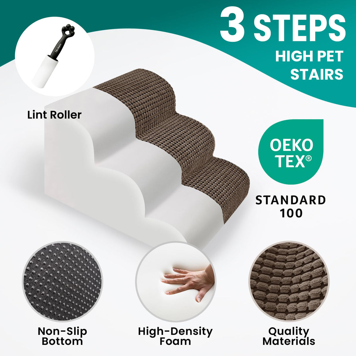 Dog Stairs for Bed 15.8'' H, 3 Step Dog Ramp for Small Dogs and Cats, Curved Dogs Steps for Sofa Couch or Chair, Portable Pet Stairs for High Bed Climbing, Non-Slip Balanced Pet Step Indoor, Brown