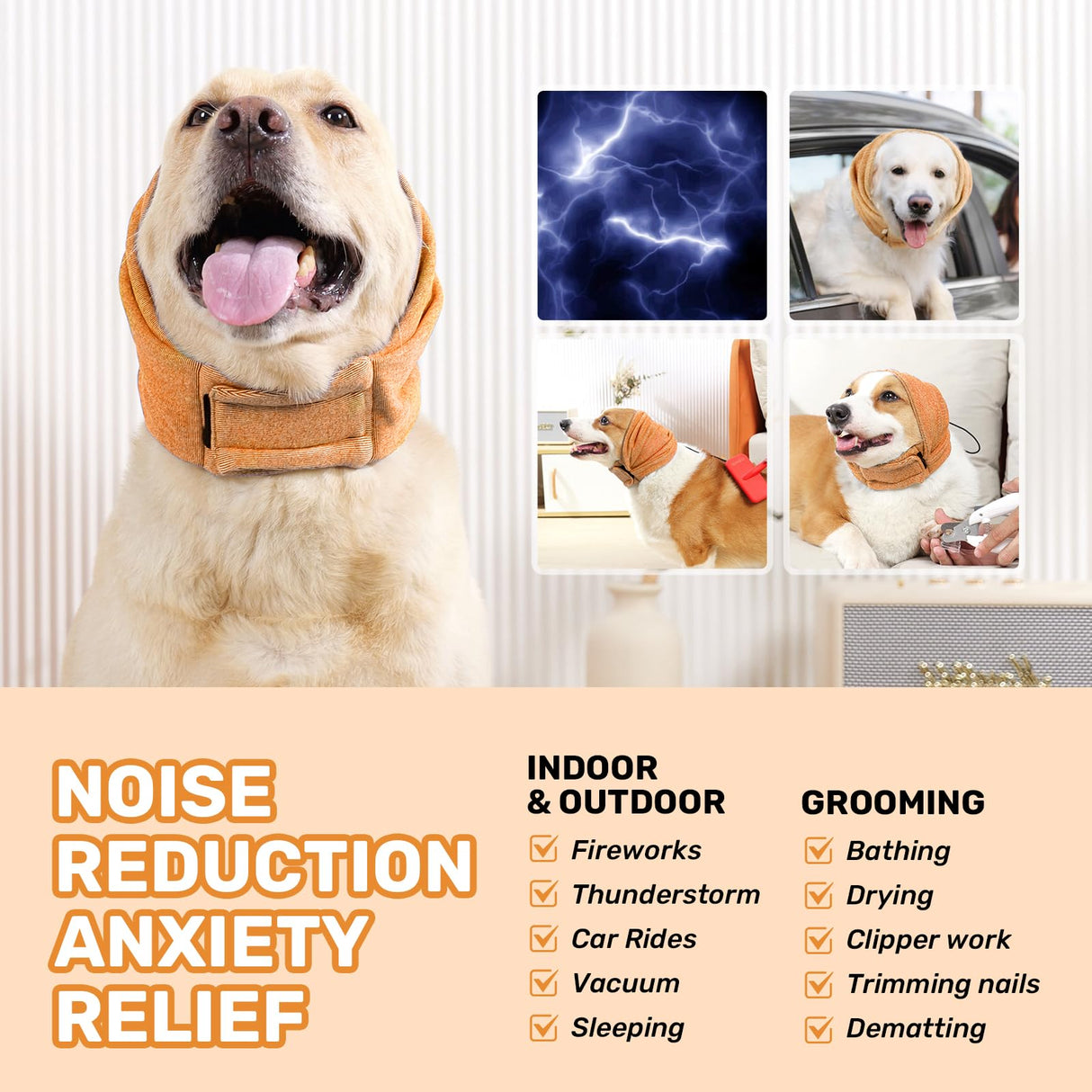 LEOTRAG Dog Calming Hoodie, No Shake Ear Wraps for Dogs, Adjustable Dog Ear Muffs for Noise Protection, Ear Wrap Head Cover for Anxiety Relief & Hematoma (Vitality Orange, L(Head Circle:17.7"-23.6"))