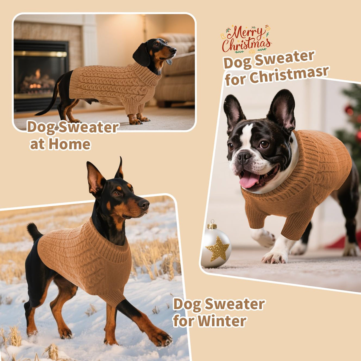SAWMONG Dog Sweater, Dog Sweaters for Small Dogs Girls Boys, Pullover Turtleneck Knitted Doggy Sweatshirt, Cold Weather Pet Clothes(Khaki, Small