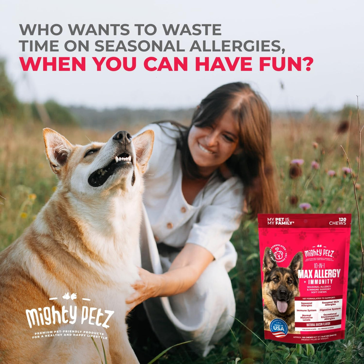 Mighty Petz MAX Dog Allergy Relief Chews - Itch Relief with Colostrum, Probiotics & Immune Support for Seasonal Allergies & Itchy Skin
